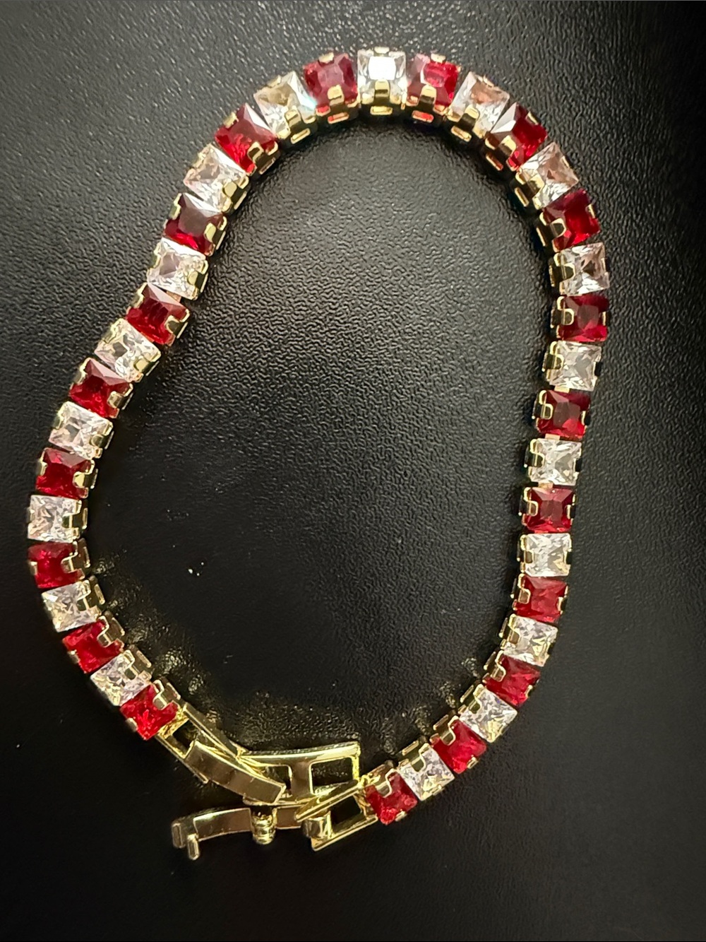 Gold-Tone Red and Clear Cubic Zirconia Tennis Bracelet